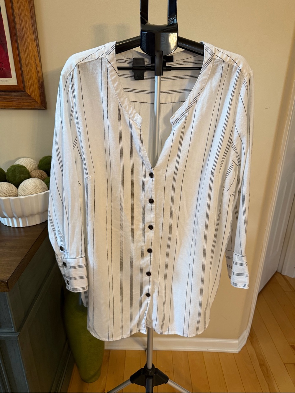 Ellos Linen Blend Tunic Top Size 30 White Black Stripe Pockets Lagenlook